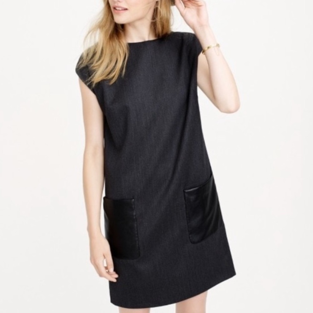 NWOT J. Crew Black Twill Leather Shift Dress Size 12